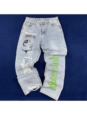Light Wash Graphic Distressed Jeans Streetwear Painted Denim Size 32x30 Y2K Boho
